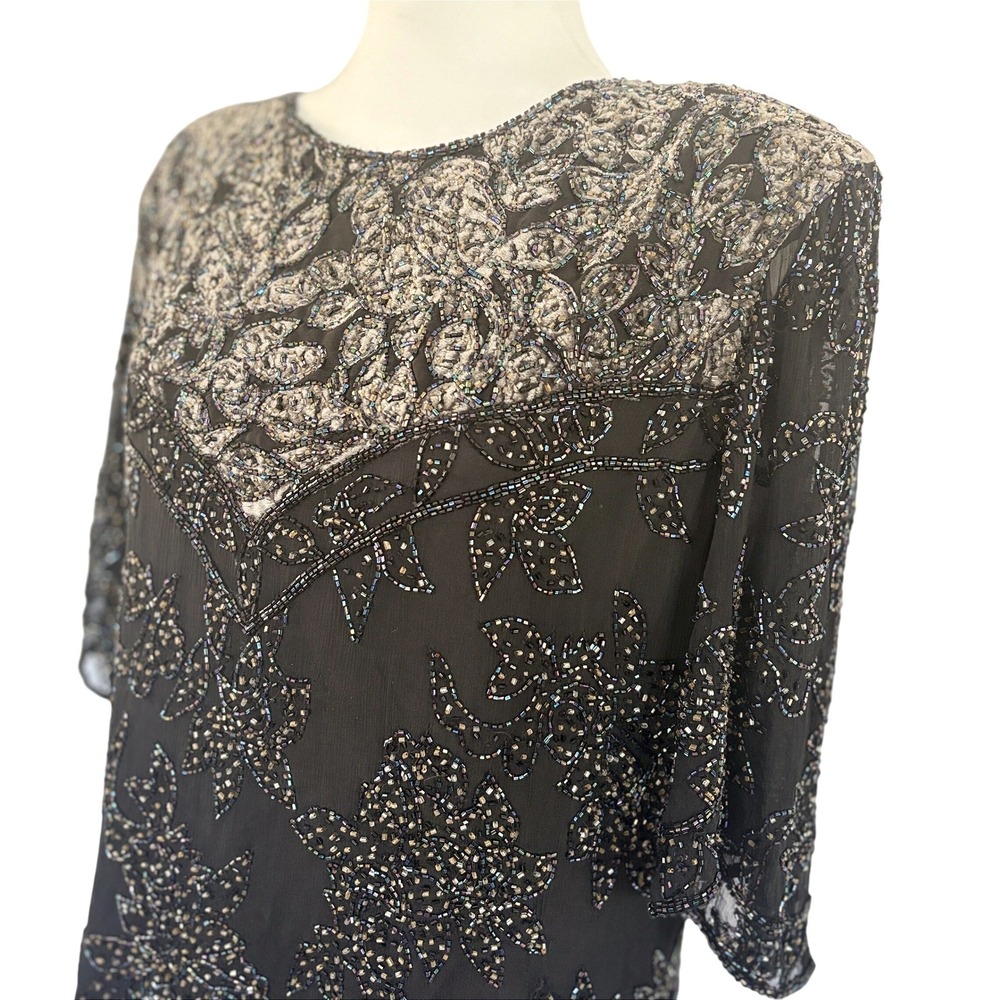 VTG Silk & Velvet Odeon Black Beaded Sequined Top Blouse NYE Holiday Party Sz 14 - Picture 2 of 9